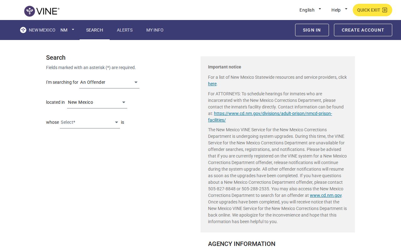 Rio Arriba County VINELink release check person-search interface