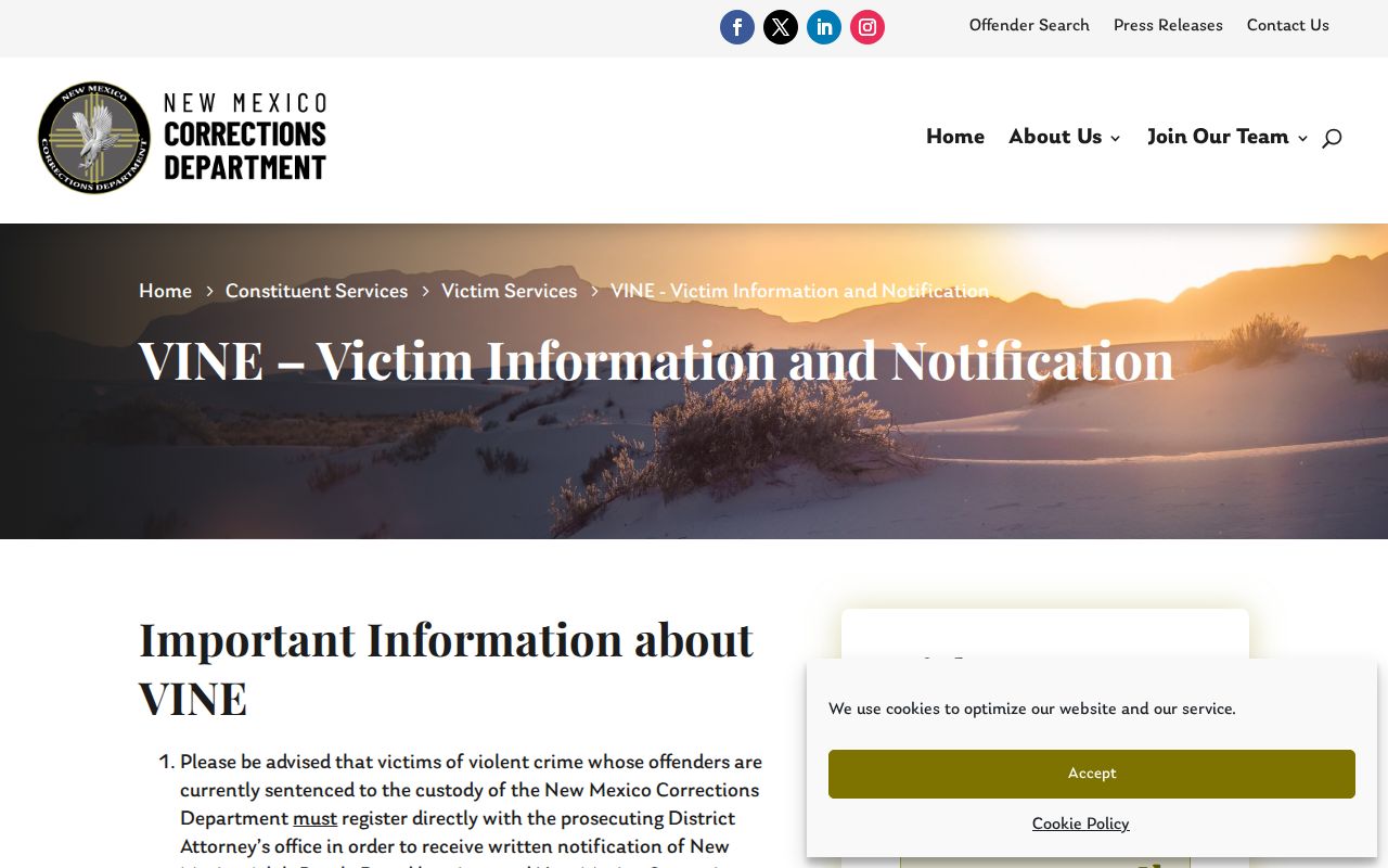 Rio Arriba County VINELink release alert instructions and NMCD upgrade notice